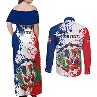 Personalized Dominican Republic Restoration Day Couples Matching Off Shoulder Maxi Dress and Long Sleeve Button Shirt Coat Of Arms Flag Colors - Wonder Print Shop