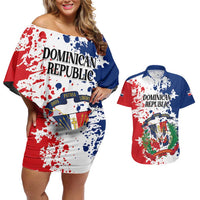 Personalized Dominican Republic Restoration Day Couples Matching Off Shoulder Short Dress and Hawaiian Shirt Coat Of Arms Flag Colors - Wonder Print Shop
