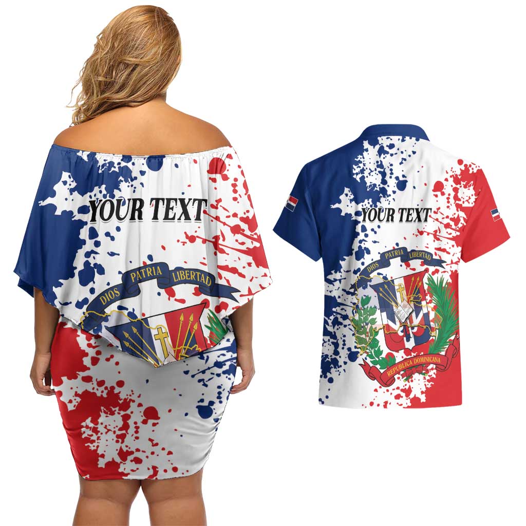 Personalized Dominican Republic Restoration Day Couples Matching Off Shoulder Short Dress and Hawaiian Shirt Coat Of Arms Flag Colors - Wonder Print Shop