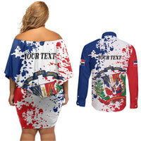 Personalized Dominican Republic Restoration Day Couples Matching Off Shoulder Short Dress and Long Sleeve Button Shirt Coat Of Arms Flag Colors - Wonder Print Shop