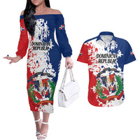 Personalized Dominican Republic Restoration Day Couples Matching Off The Shoulder Long Sleeve Dress and Hawaiian Shirt Coat Of Arms Flag Colors - Wonder Print Shop