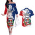Personalized Dominican Republic Restoration Day Couples Matching Off The Shoulder Long Sleeve Dress and Hawaiian Shirt Coat Of Arms Flag Colors - Wonder Print Shop