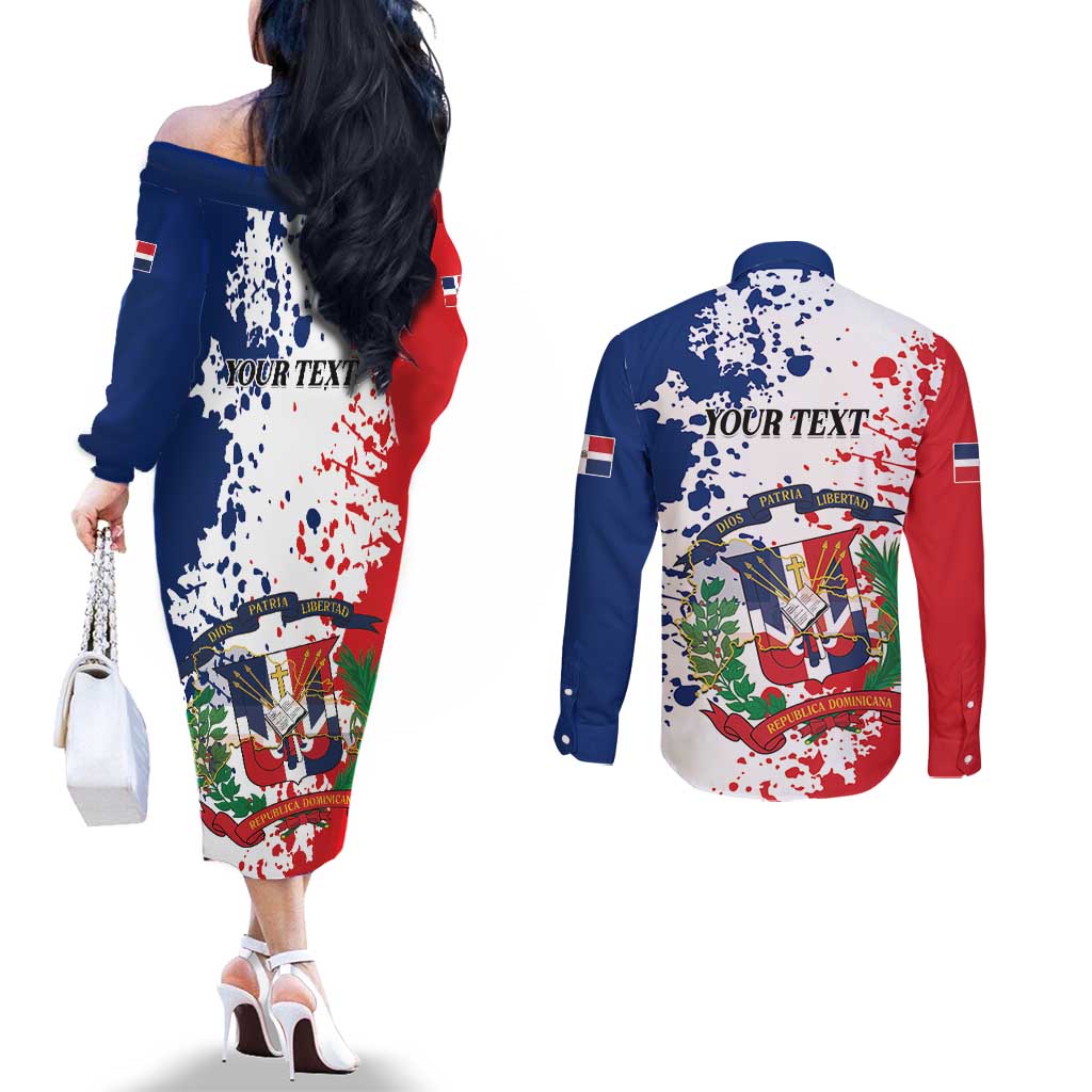 Personalized Dominican Republic Restoration Day Couples Matching Off The Shoulder Long Sleeve Dress and Long Sleeve Button Shirt Coat Of Arms Flag Colors - Wonder Print Shop
