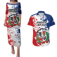 Personalized Dominican Republic Restoration Day Couples Matching Puletasi and Hawaiian Shirt Coat Of Arms Flag Colors - Wonder Print Shop