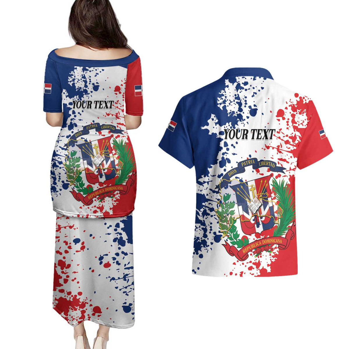 Personalized Dominican Republic Restoration Day Couples Matching Puletasi and Hawaiian Shirt Coat Of Arms Flag Colors - Wonder Print Shop