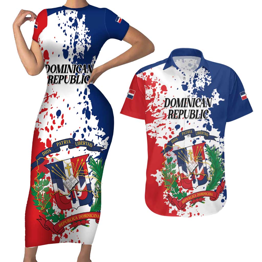 Personalized Dominican Republic Restoration Day Couples Matching Short Sleeve Bodycon Dress and Hawaiian Shirt Coat Of Arms Flag Colors - Wonder Print Shop