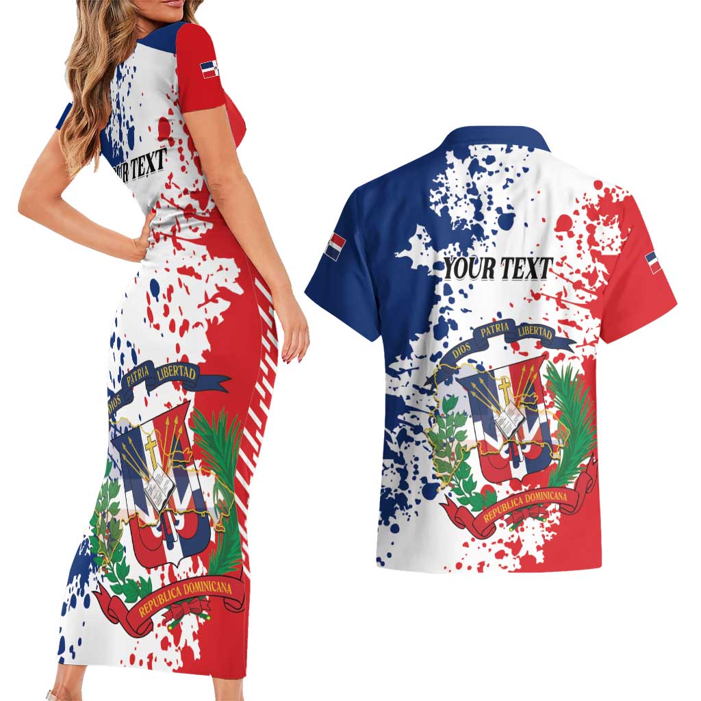 Personalized Dominican Republic Restoration Day Couples Matching Short Sleeve Bodycon Dress and Hawaiian Shirt Coat Of Arms Flag Colors - Wonder Print Shop