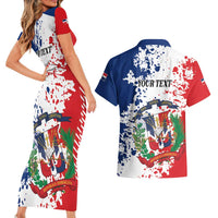 Personalized Dominican Republic Restoration Day Couples Matching Short Sleeve Bodycon Dress and Hawaiian Shirt Coat Of Arms Flag Colors - Wonder Print Shop
