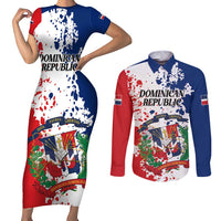 Personalized Dominican Republic Restoration Day Couples Matching Short Sleeve Bodycon Dress and Long Sleeve Button Shirt Coat Of Arms Flag Colors - Wonder Print Shop