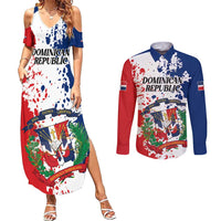 Personalized Dominican Republic Restoration Day Couples Matching Summer Maxi Dress and Long Sleeve Button Shirt Coat Of Arms Flag Colors - Wonder Print Shop
