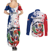 Personalized Dominican Republic Restoration Day Couples Matching Summer Maxi Dress and Long Sleeve Button Shirt Coat Of Arms Flag Colors - Wonder Print Shop