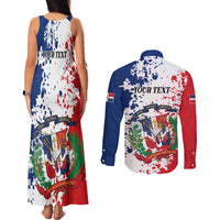Personalized Dominican Republic Restoration Day Couples Matching Tank Maxi Dress and Long Sleeve Button Shirt Coat Of Arms Flag Colors - Wonder Print Shop
