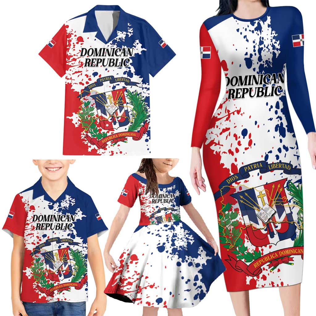 Personalized Dominican Republic Restoration Day Family Matching Long Sleeve Bodycon Dress and Hawaiian Shirt Coat Of Arms Flag Colors - Wonder Print Shop