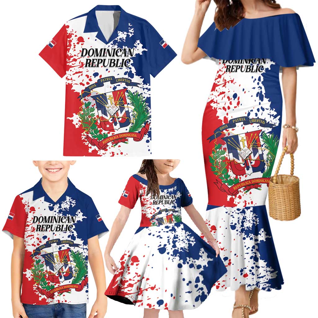 Personalized Dominican Republic Restoration Day Family Matching Mermaid Dress and Hawaiian Shirt Coat Of Arms Flag Colors - Wonder Print Shop