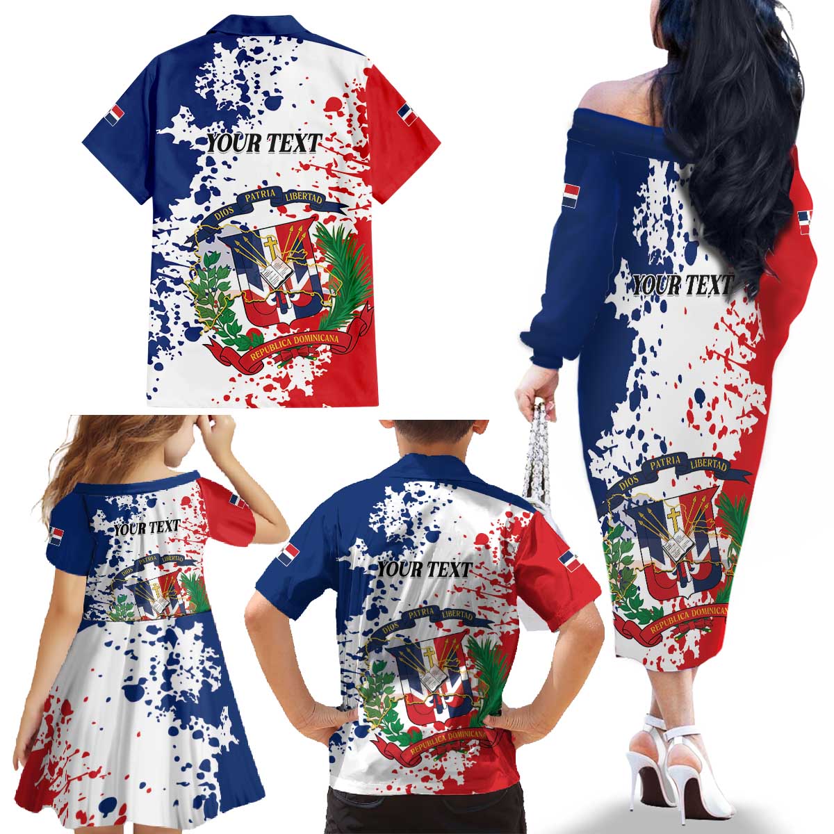 Personalized Dominican Republic Restoration Day Family Matching Off The Shoulder Long Sleeve Dress and Hawaiian Shirt Coat Of Arms Flag Colors - Wonder Print Shop