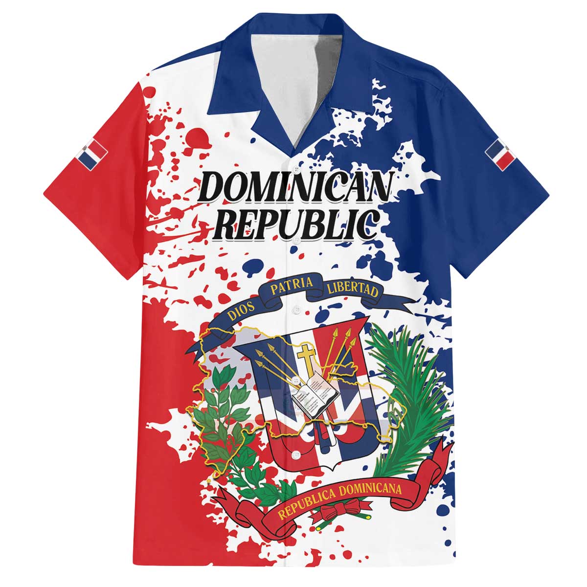 Personalized Dominican Republic Restoration Day Family Matching Off The Shoulder Long Sleeve Dress and Hawaiian Shirt Coat Of Arms Flag Colors - Wonder Print Shop