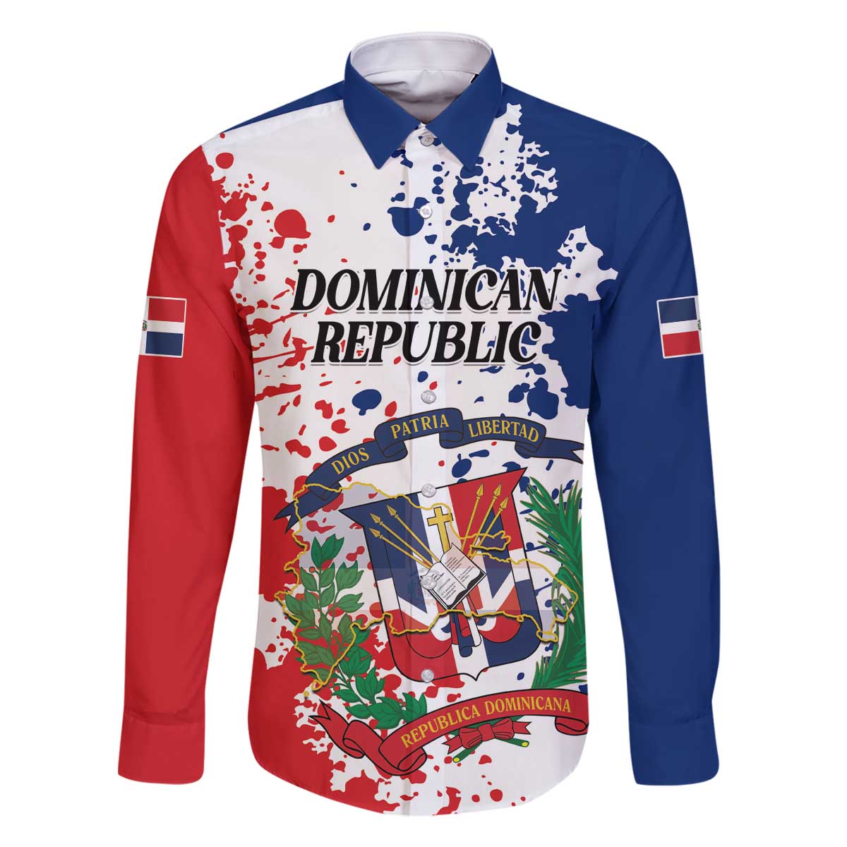 Personalized Dominican Republic Restoration Day Family Matching Off The Shoulder Long Sleeve Dress and Hawaiian Shirt Coat Of Arms Flag Colors - Wonder Print Shop