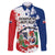 Personalized Dominican Republic Restoration Day Family Matching Off The Shoulder Long Sleeve Dress and Hawaiian Shirt Coat Of Arms Flag Colors - Wonder Print Shop