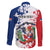 Personalized Dominican Republic Restoration Day Family Matching Off The Shoulder Long Sleeve Dress and Hawaiian Shirt Coat Of Arms Flag Colors - Wonder Print Shop