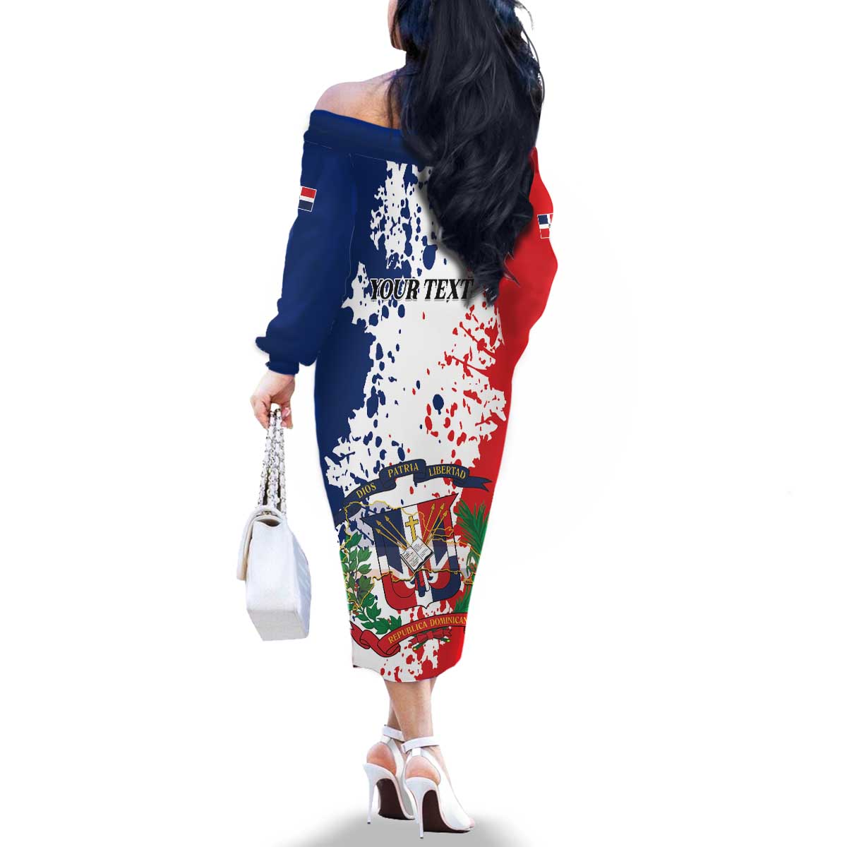 Personalized Dominican Republic Restoration Day Family Matching Off The Shoulder Long Sleeve Dress and Hawaiian Shirt Coat Of Arms Flag Colors - Wonder Print Shop
