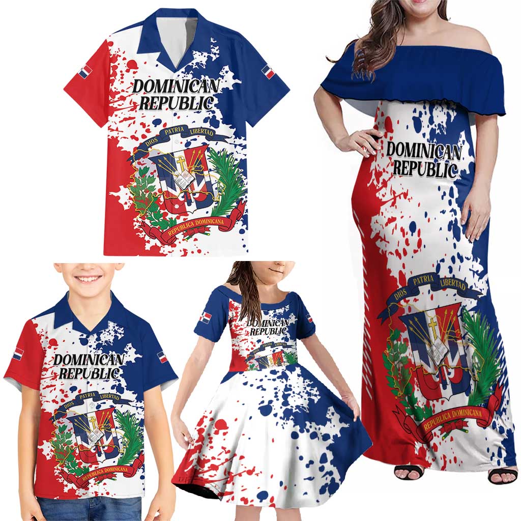 Personalized Dominican Republic Restoration Day Family Matching Off Shoulder Maxi Dress and Hawaiian Shirt Coat Of Arms Flag Colors - Wonder Print Shop