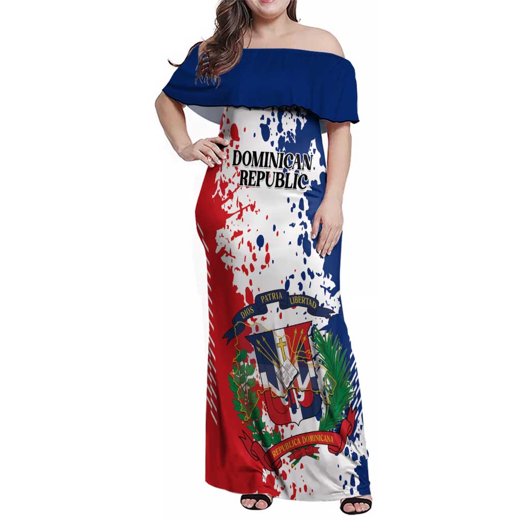 Personalized Dominican Republic Restoration Day Family Matching Off Shoulder Maxi Dress and Hawaiian Shirt Coat Of Arms Flag Colors - Wonder Print Shop