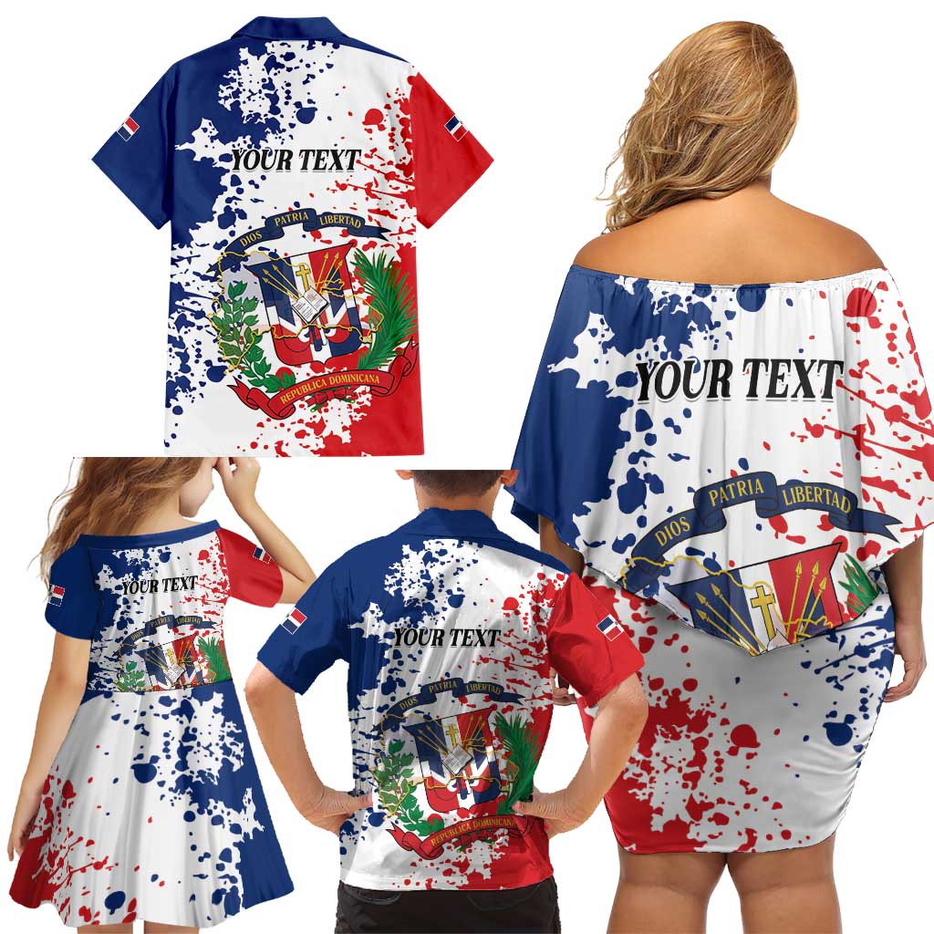 Personalized Dominican Republic Restoration Day Family Matching Off Shoulder Short Dress and Hawaiian Shirt Coat Of Arms Flag Colors - Wonder Print Shop