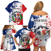 Personalized Dominican Republic Restoration Day Family Matching Off Shoulder Short Dress and Hawaiian Shirt Coat Of Arms Flag Colors - Wonder Print Shop