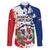 Personalized Dominican Republic Restoration Day Family Matching Off Shoulder Short Dress and Hawaiian Shirt Coat Of Arms Flag Colors - Wonder Print Shop