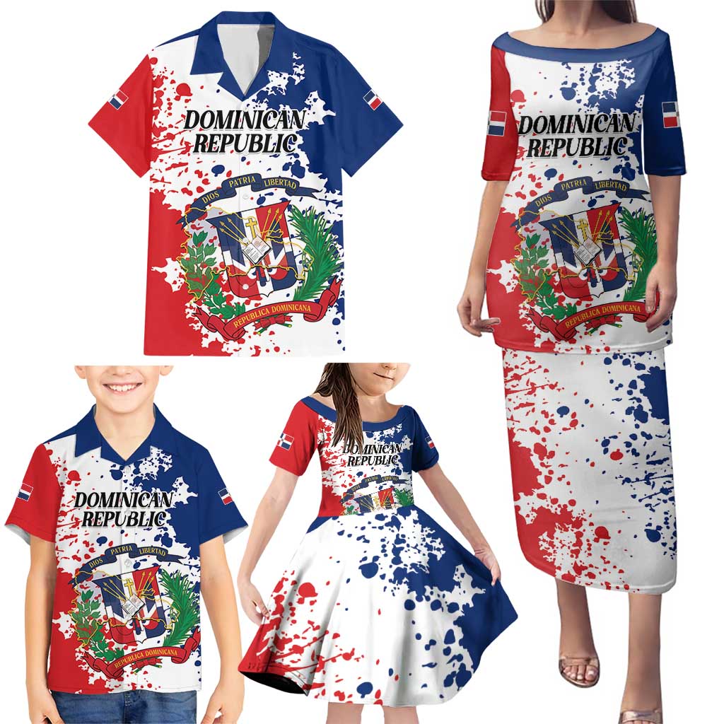 Personalized Dominican Republic Restoration Day Family Matching Puletasi and Hawaiian Shirt Coat Of Arms Flag Colors - Wonder Print Shop