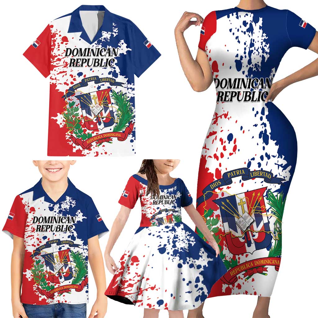Personalized Dominican Republic Restoration Day Family Matching Short Sleeve Bodycon Dress and Hawaiian Shirt Coat Of Arms Flag Colors - Wonder Print Shop