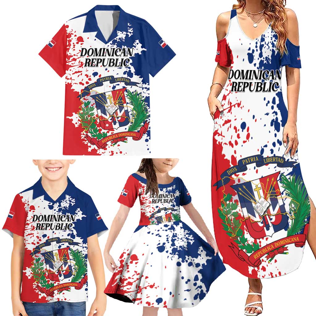 Personalized Dominican Republic Restoration Day Family Matching Summer Maxi Dress and Hawaiian Shirt Coat Of Arms Flag Colors - Wonder Print Shop