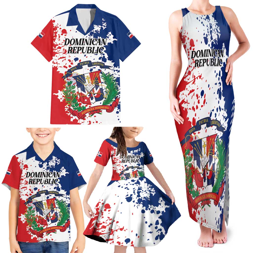 Personalized Dominican Republic Restoration Day Family Matching Tank Maxi Dress and Hawaiian Shirt Coat Of Arms Flag Colors - Wonder Print Shop