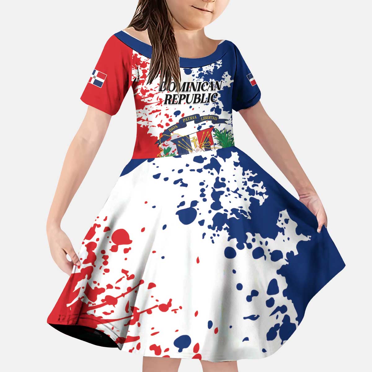 Personalized Dominican Republic Restoration Day Kid Short Sleeve Dress Coat Of Arms Flag Colors - Wonder Print Shop