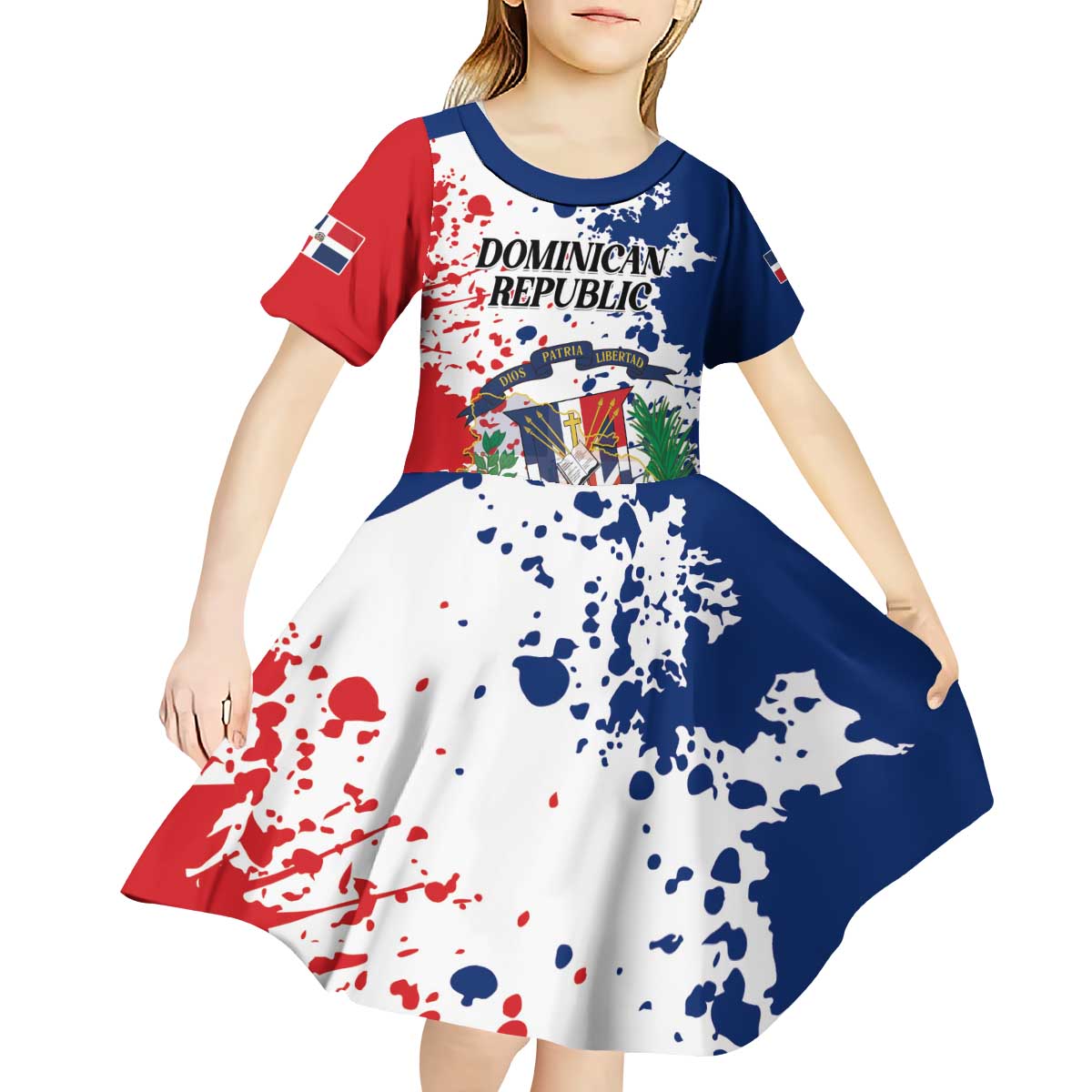 Personalized Dominican Republic Restoration Day Kid Short Sleeve Dress Coat Of Arms Flag Colors - Wonder Print Shop