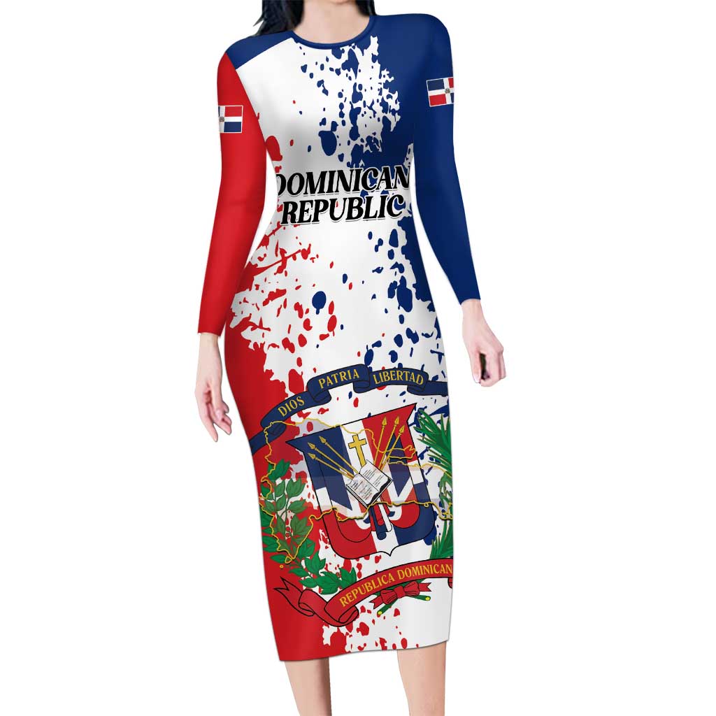 Personalized Dominican Republic Restoration Day Long Sleeve Bodycon Dress Coat Of Arms Flag Colors - Wonder Print Shop