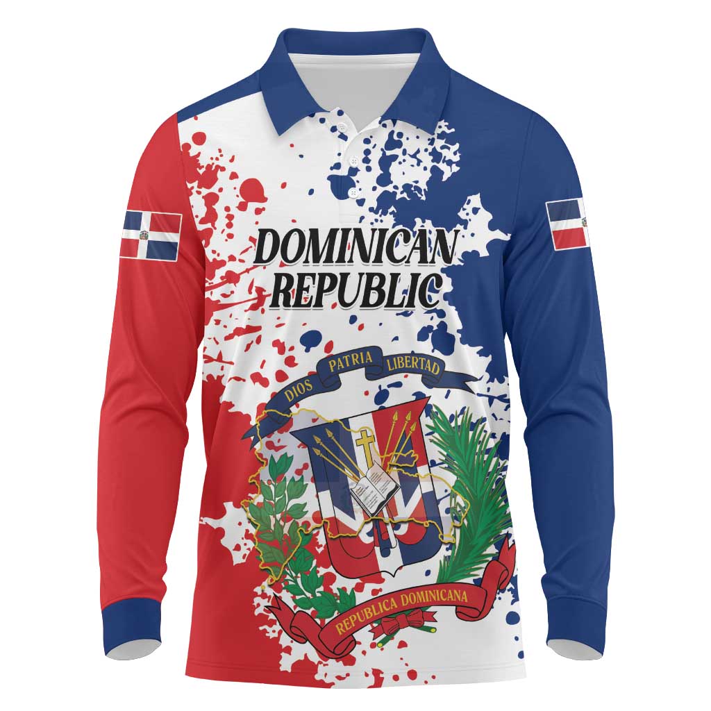 Personalized Dominican Republic Restoration Day Long Sleeve Polo Shirt Coat Of Arms Flag Colors - Wonder Print Shop