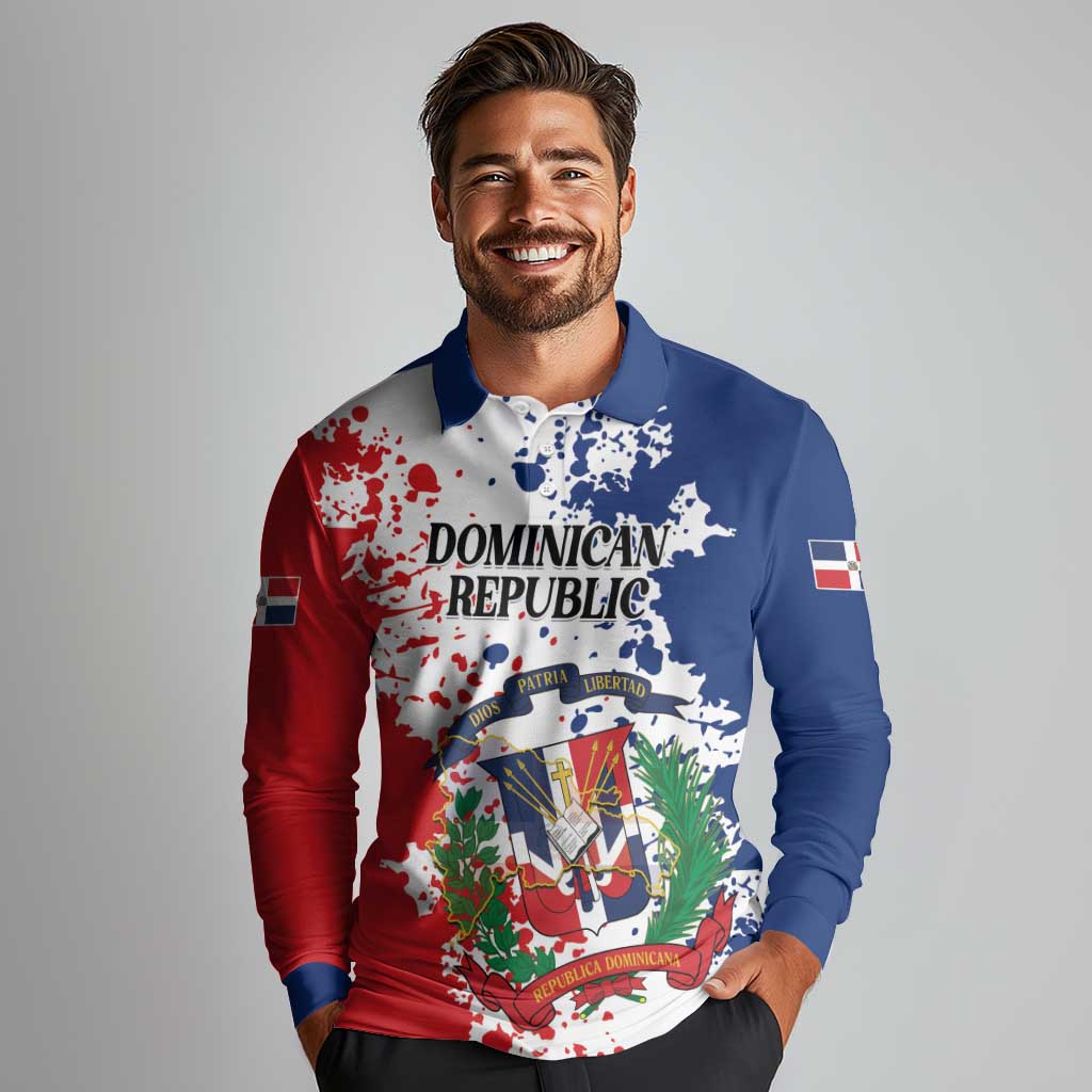Personalized Dominican Republic Restoration Day Long Sleeve Polo Shirt Coat Of Arms Flag Colors - Wonder Print Shop