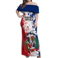 Personalized Dominican Republic Restoration Day Off Shoulder Maxi Dress Coat Of Arms Flag Colors - Wonder Print Shop