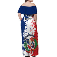 Personalized Dominican Republic Restoration Day Off Shoulder Maxi Dress Coat Of Arms Flag Colors - Wonder Print Shop