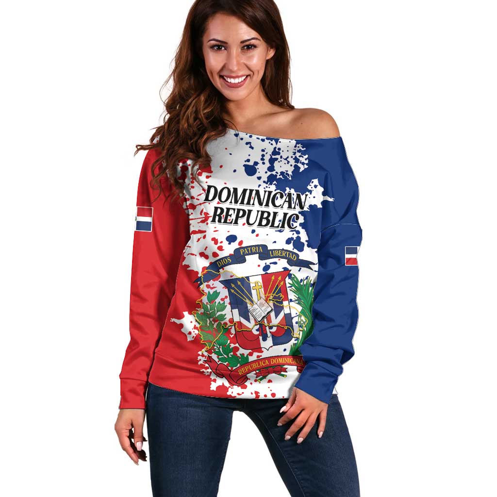 Personalized Dominican Republic Restoration Day Off Shoulder Sweater Coat Of Arms Flag Colors - Wonder Print Shop