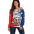 Personalized Dominican Republic Restoration Day Off Shoulder Sweater Coat Of Arms Flag Colors - Wonder Print Shop