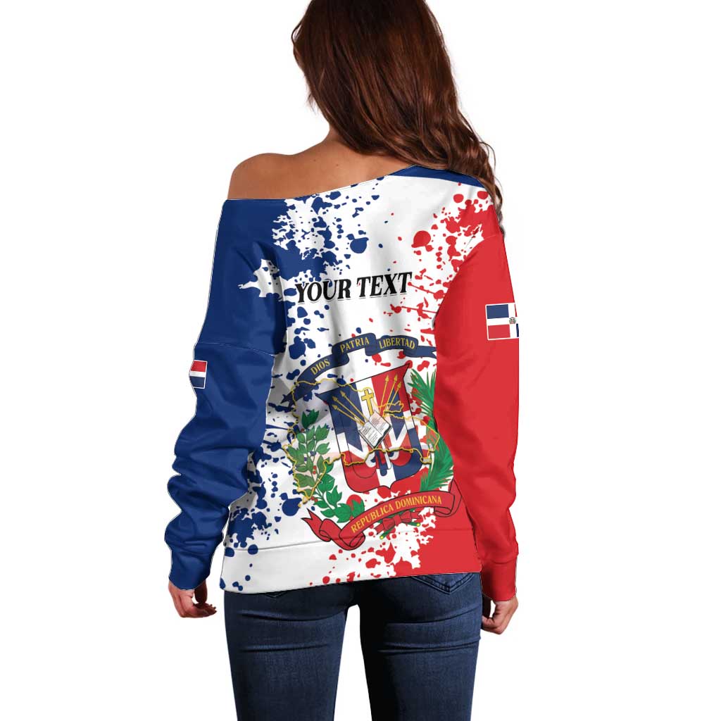 Personalized Dominican Republic Restoration Day Off Shoulder Sweater Coat Of Arms Flag Colors - Wonder Print Shop