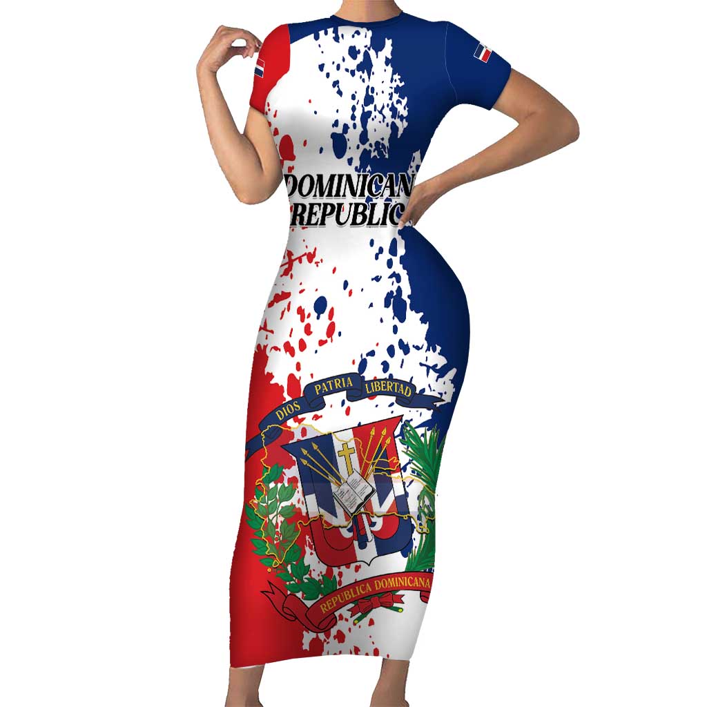 Personalized Dominican Republic Restoration Day Short Sleeve Bodycon Dress Coat Of Arms Flag Colors - Wonder Print Shop