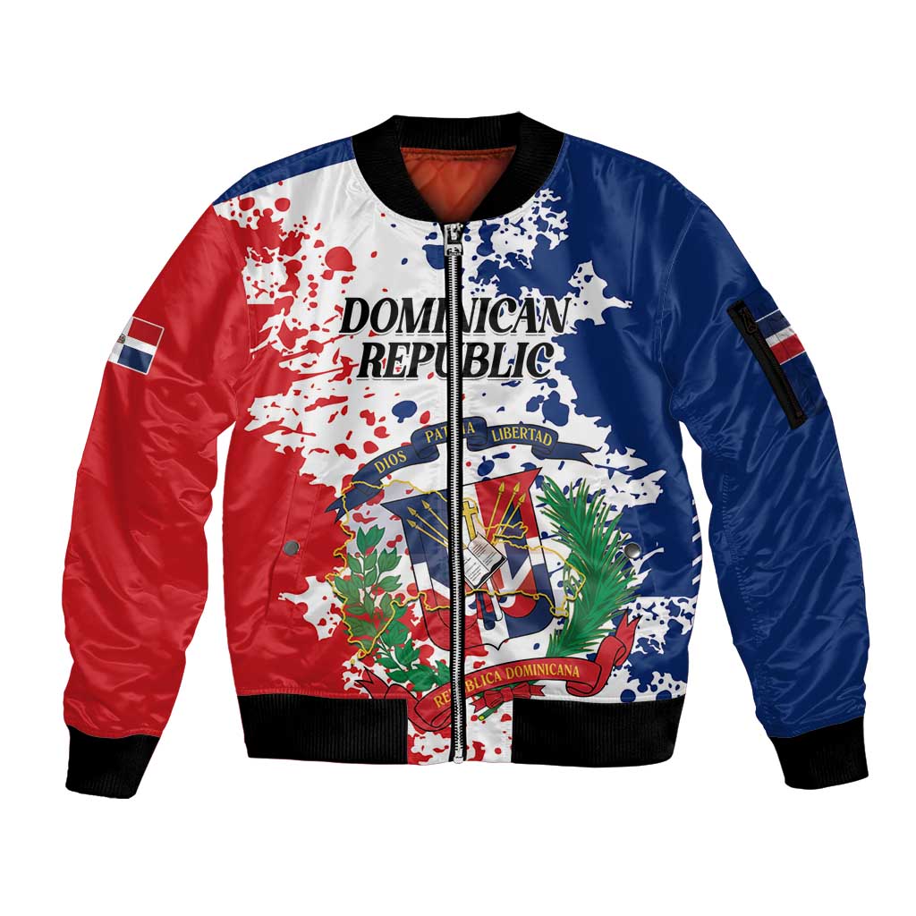 Personalized Dominican Republic Restoration Day Sleeve Zip Bomber Jacket Coat Of Arms Flag Colors - Wonder Print Shop