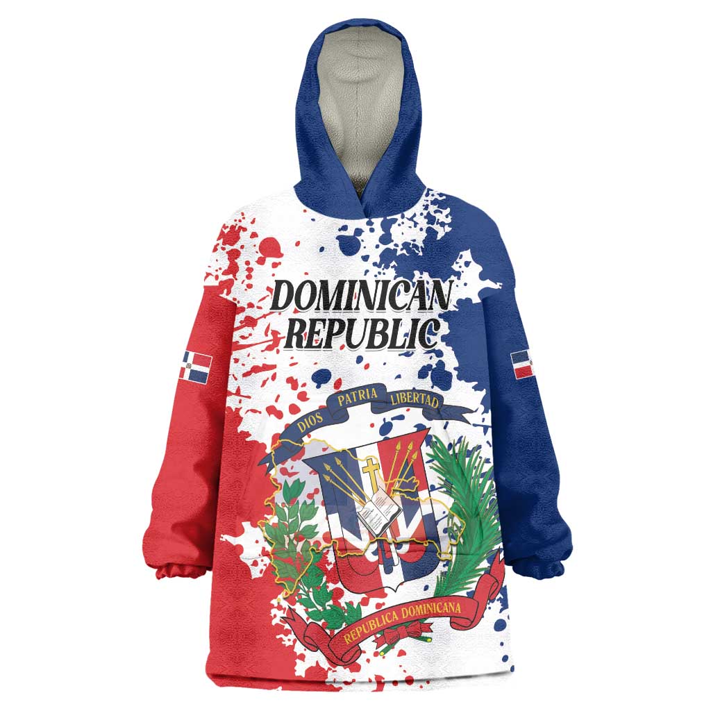Personalized Dominican Republic Restoration Day Wearable Blanket Hoodie Coat Of Arms Flag Colors - Wonder Print Shop