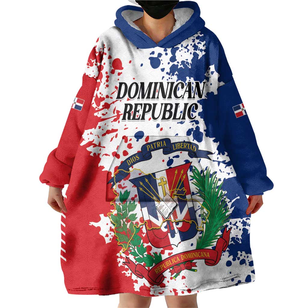 Personalized Dominican Republic Restoration Day Wearable Blanket Hoodie Coat Of Arms Flag Colors - Wonder Print Shop