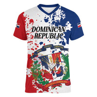 Personalized Dominican Republic Restoration Day Women V-Neck T-Shirt Coat Of Arms Flag Colors - Wonder Print Shop
