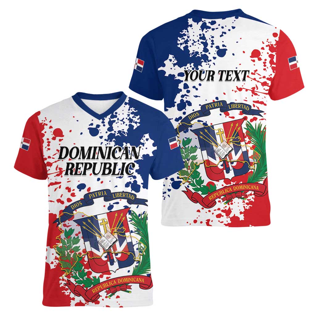 Personalized Dominican Republic Restoration Day Women V-Neck T-Shirt Coat Of Arms Flag Colors - Wonder Print Shop