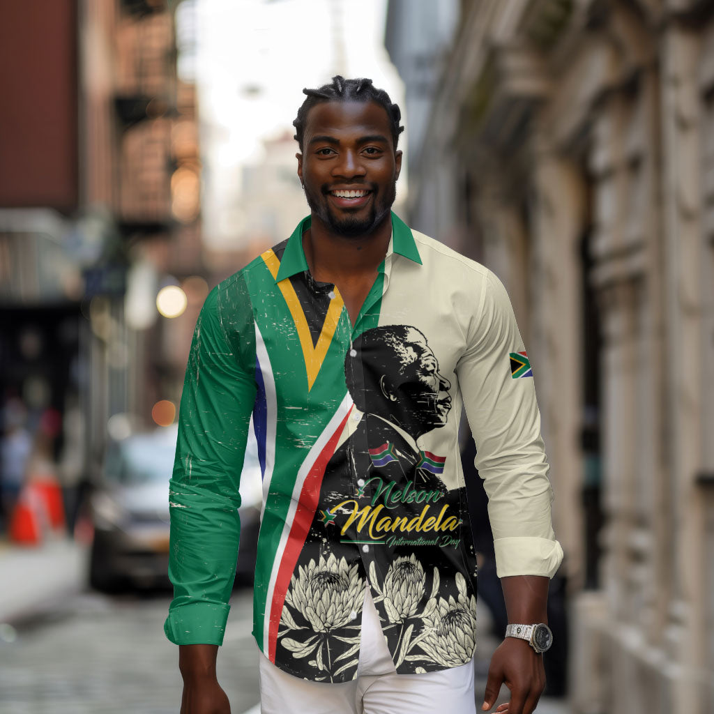 Personalized Nelson Mandela Day Long Sleeve Button Shirt South Africa Vintage Stylized